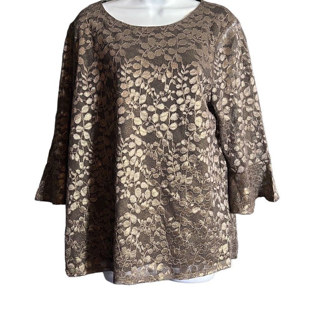 Adrianna Papell Women's Laced Mesh Leaf Pattern Metallic Gray Flouncy Sleeves XL